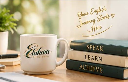 میز مطالعه با لیوان الاهورا و کتابهای Speak، Learn، Achieve